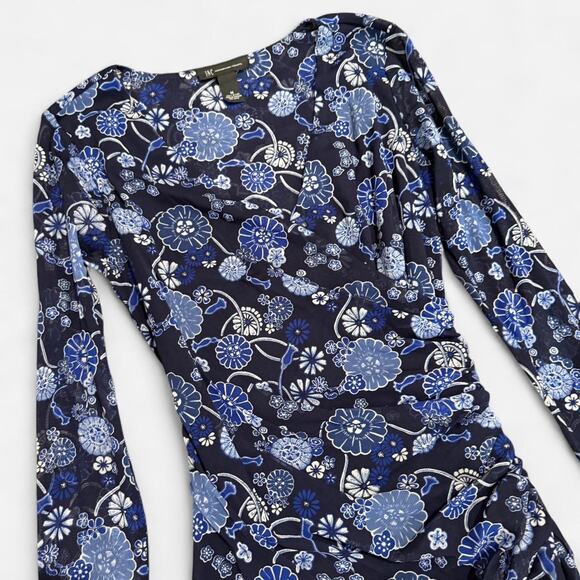 INC International Concepts Dark Blue Floral Mesh Ruched Long Sheer Sleeve Top - Picture 6 of 7